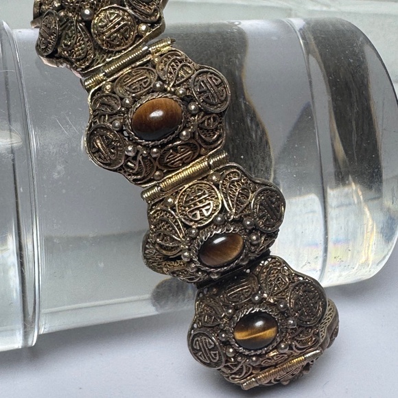 Vtg Chinese Export Bracelet Tiger's Eye Cabochon Silver Gilded Vermeil Filigree - Picture 1 of 16